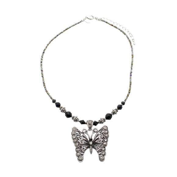 LIA SOPHIA Silver Black Jeweled Butterfly Pendant Necklace Jewellery - 16" - Picture 1 of 2